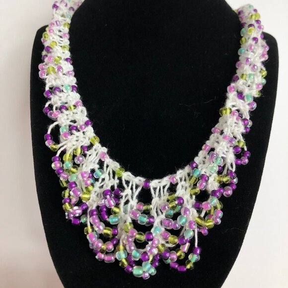 Crochet Yarn Colorful Beaded Bib Necklace White Purple Unique Statement - Picture 2 of 7